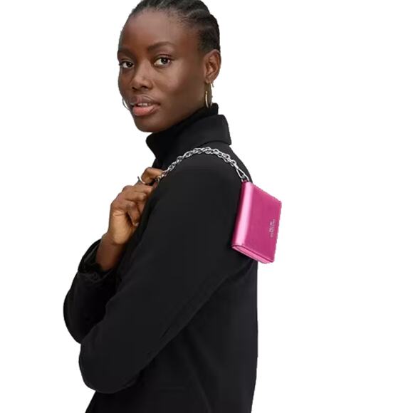 KATE SPADE Natasha Metallic Pebbled Leather Chain Compact Wristlet Bikini Pink - Picture 2 of 13